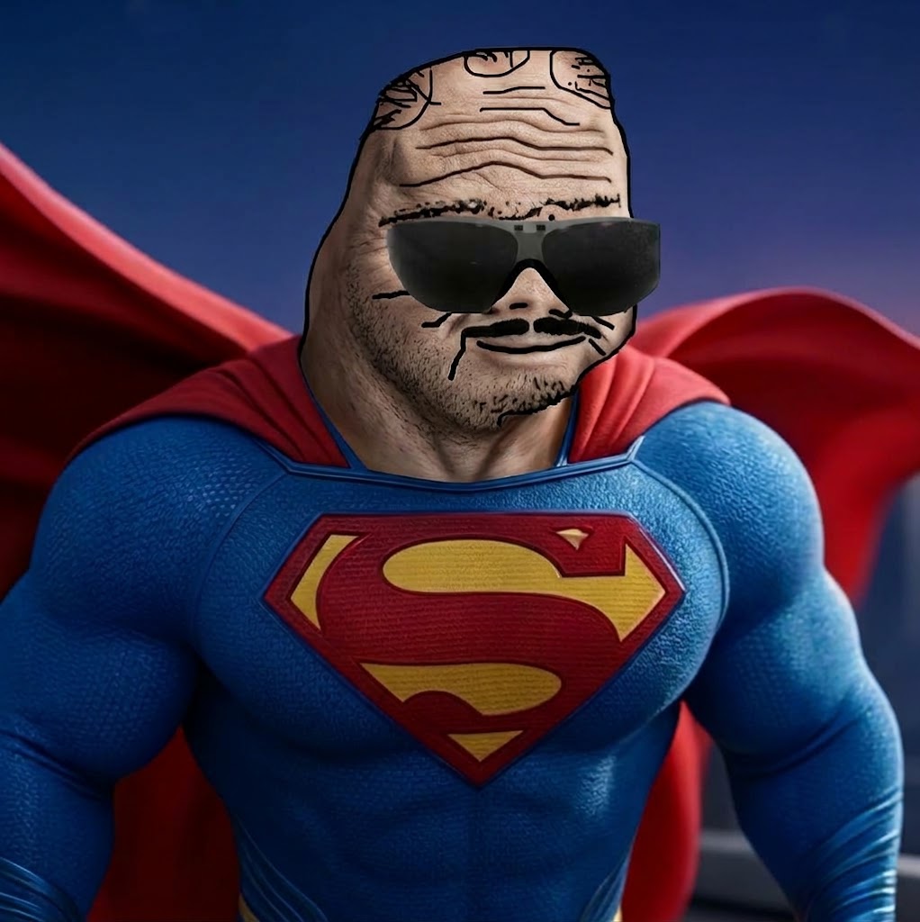 Super Unc in a blue suit and red cape